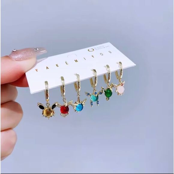Pokémon Eeveelution Theme 18K Gold Plated Gemstone Mismatch Huggie Hoop … - Picture 1 of 4
